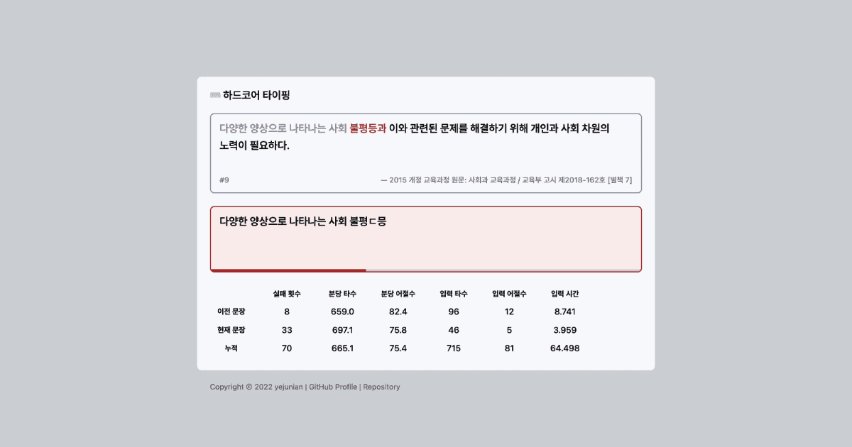 ‘하드코어 타이핑’에서 제시문을 입력하는 데 실패한 스크린샷